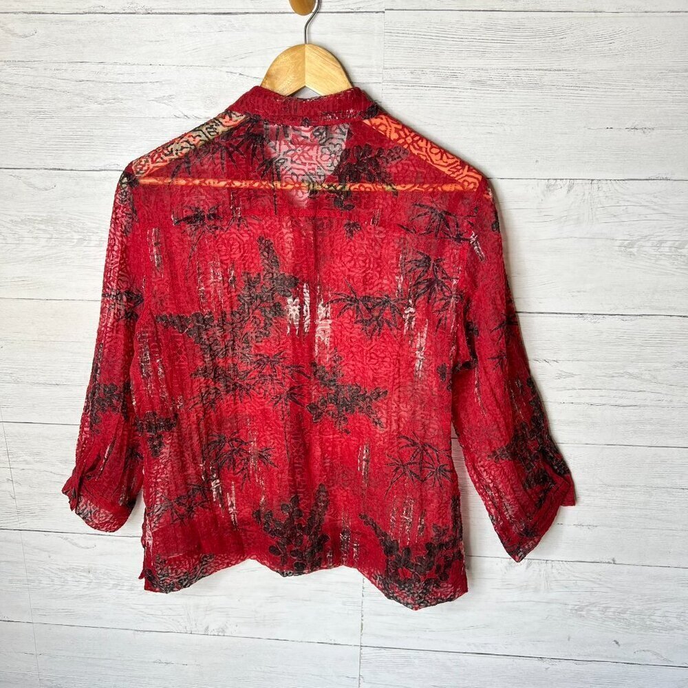 Chicos Blouse Womens SZ 1 / M Red, Black & White Floral Bamboo Print Linen Blend - Picture 10 of 15